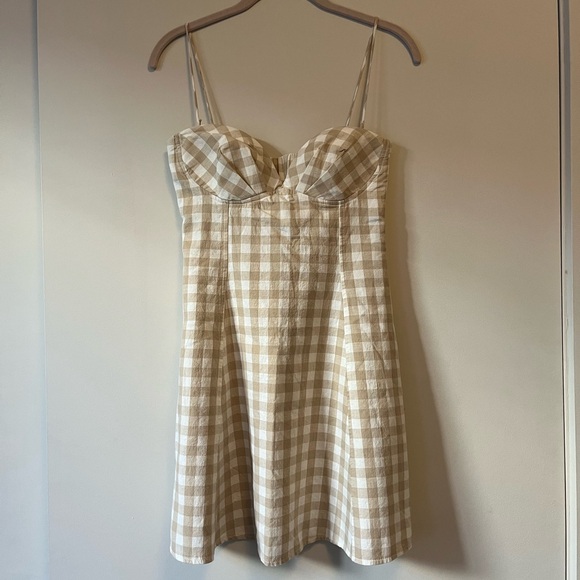 Zara Gingham Checked Linen Bustier Sweetheart Mini Dress Tan White S - Picture 10 of 12